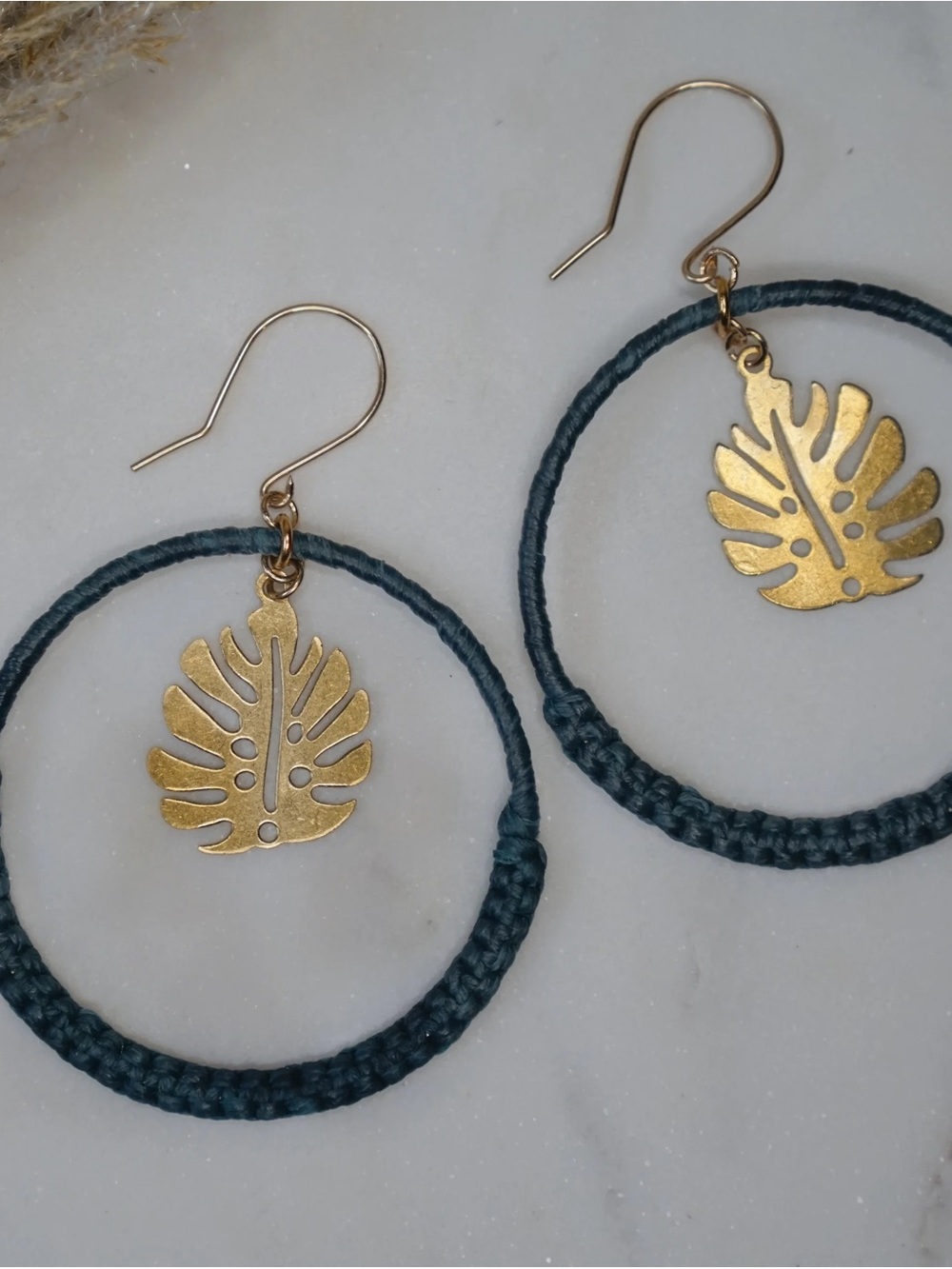 Handmade Macrame Earrings with Monsterra Charm - Women Jewelry